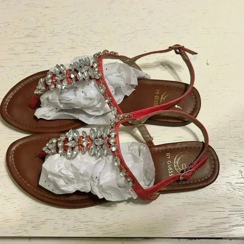 Vintage Guess By Guess Londean Womens Size 10M Orange T-strap Flat Sandals